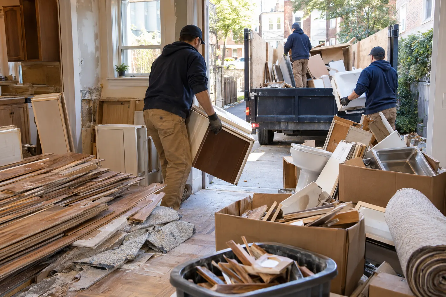 Crew carrying cabinets and fixtures from a home renovation